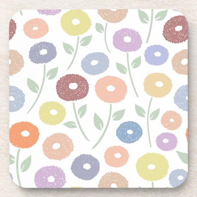 Fuzzy Flower Lg Pattern Pastels on White Coaster (Front)