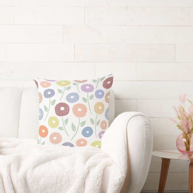 Fuzzy Flower Lg Pattern Pastels on White Cushion (Couch)