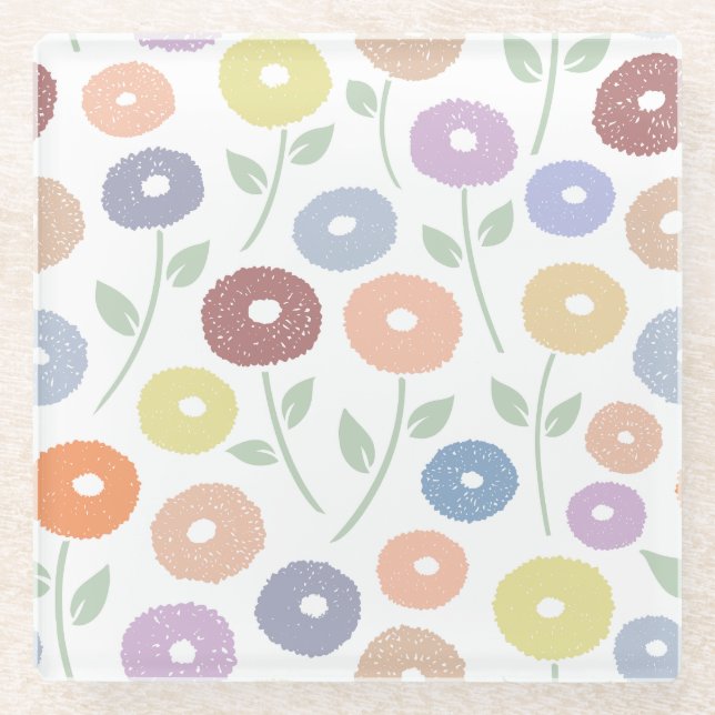 Fuzzy Flower Lg Pattern Pastels on White Glass Coaster (Front)
