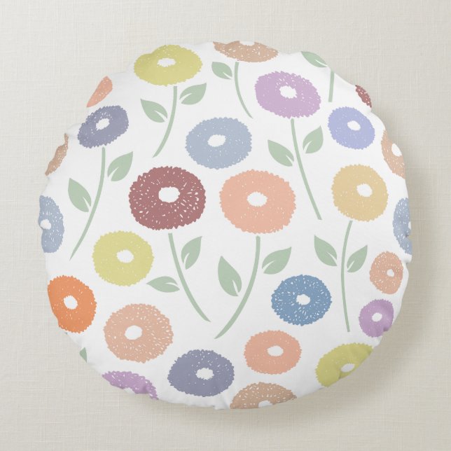 Fuzzy Flower Lg Pattern Pastels on White Round Cushion (Front)