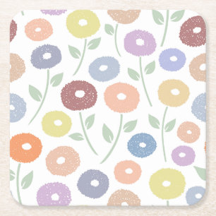 Fuzzy Flower Lg Pattern Pastels on White Square Paper Coaster