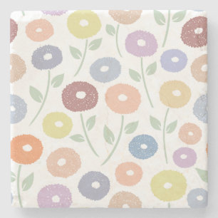 Fuzzy Flower Lg Pattern Pastels on White Stone Coaster
