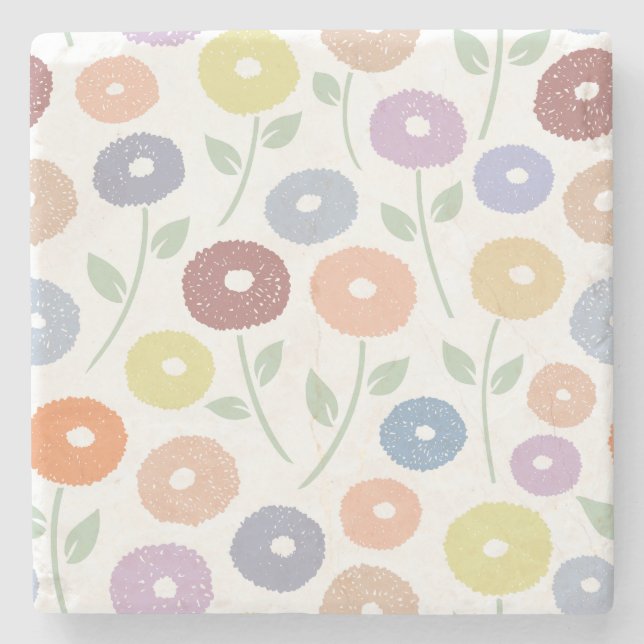 Fuzzy Flower Lg Pattern Pastels on White Stone Coaster (Front)
