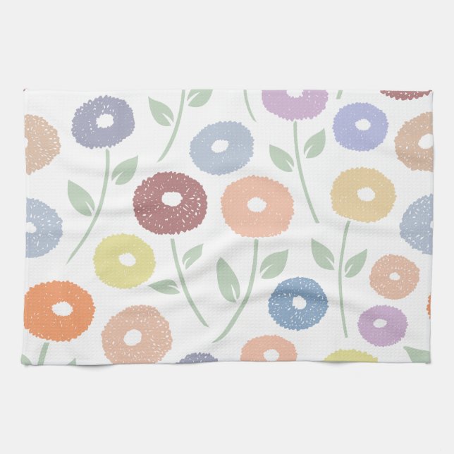 Fuzzy Flower Lg Pattern Pastels on White Tea Towel (Horizontal)