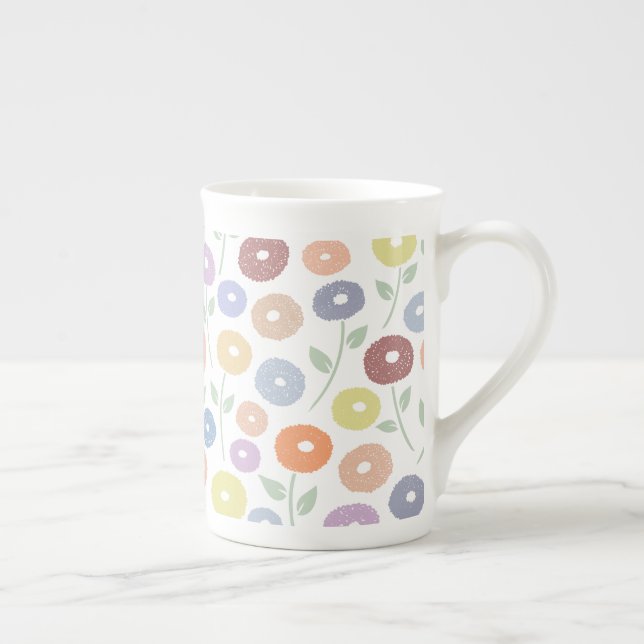 Fuzzy Flower Pattern Pastels on White Bone China Mug (Right)