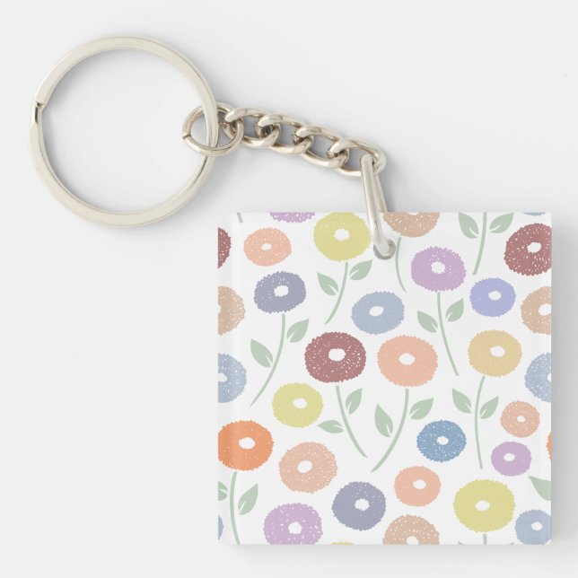 Fuzzy Flower Pattern Pastels on White Key Ring (Front)