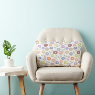 Fuzzy Flower Pattern Pastels on White Lumbar Cushion