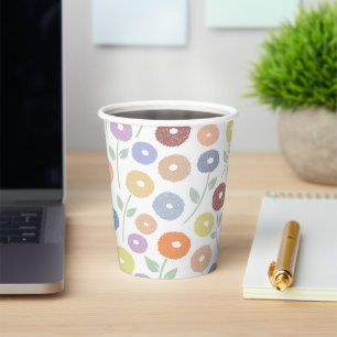 Fuzzy Flower Pattern Pastels on White Paper Cups