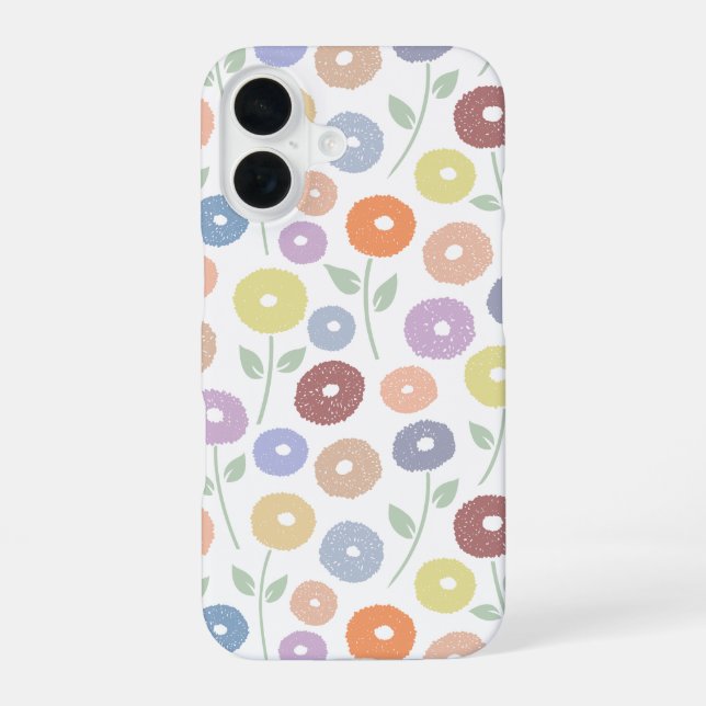 Fuzzy Flower Rpt Pattern Pastels on White iPhone 16 Case (Back)