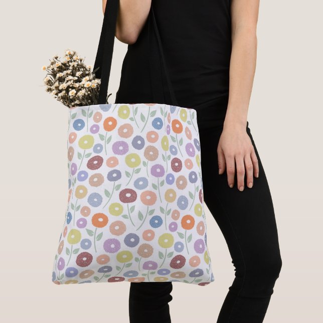 Fuzzy Flower Rpt Pattern Pastels on White Tote Bag (Close Up)