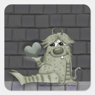 Fuzzy Green Monster with Heart Square Sticker
