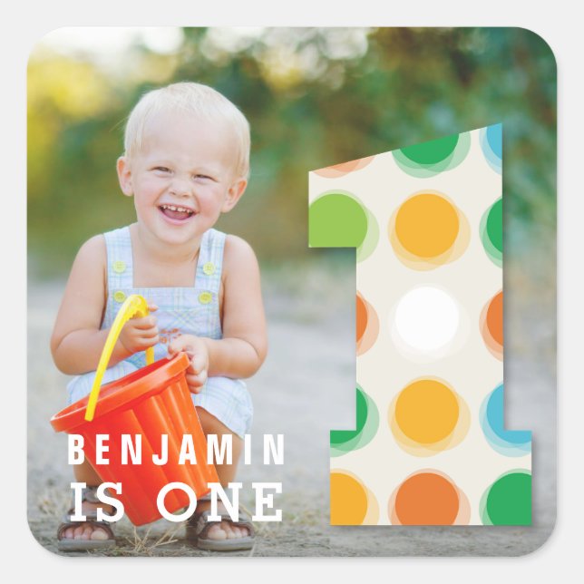 Fuzzy Modern Colour Dots 1st Birthday Party Photo Square Sticker (Front)