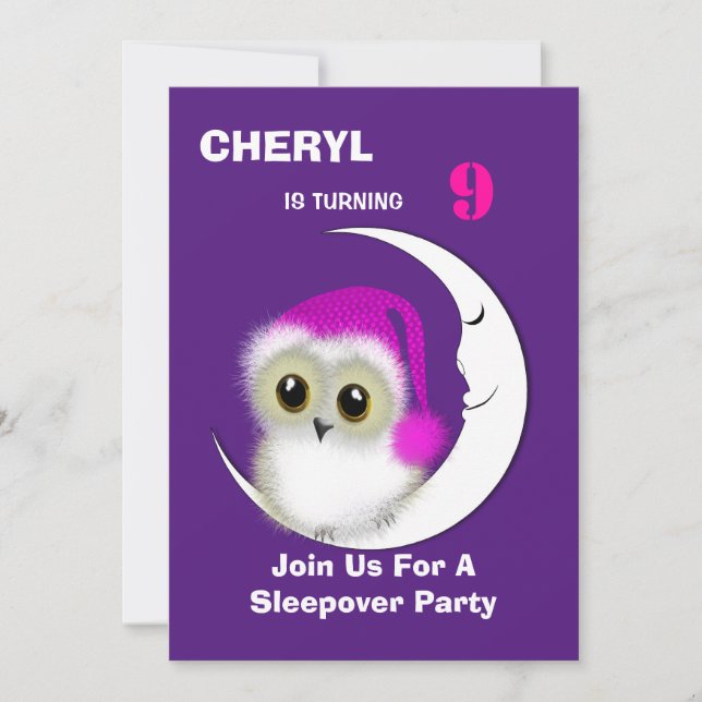 Fuzzy Night Owl Sleepover Personalised Invitation (Front)