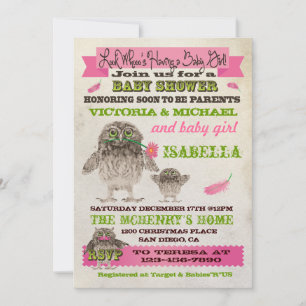 Fuzzy Owl Girl Baby Shower Party Invitations