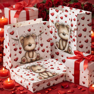 Fuzzy Valentine Bear with Hanging Hearts Small Gift Bag