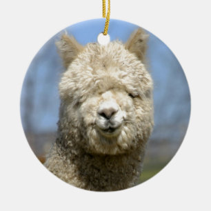 Fuzzy White Alpaca Face Ceramic Tree Decoration