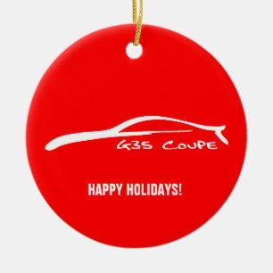 G35 Coupe White Silhouette with red background Ceramic Tree Decoration