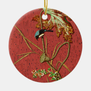 G.A. Audsley Vintage Red Japanese Bird Lotus Art Ceramic Ornament