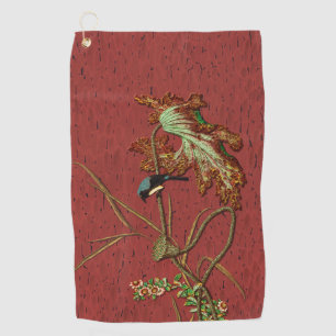 G.A. Audsley Vintage Red Japanese Bird Lotus Art Golf Towel