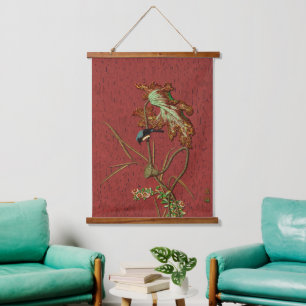 G.A. Audsley Vintage Red Japanese Bird Lotus Art Hanging Tapestry