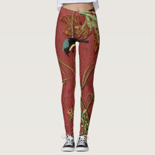 G.A. Audsley Vintage Red Japanese Bird Lotus Art Leggings