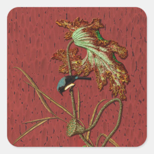 G.A. Audsley Vintage Red Japanese Bird Lotus Art Square Sticker