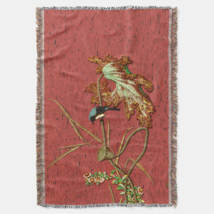 G.A. Audsley Vintage Red Japanese Bird Lotus Art Throw Blanket