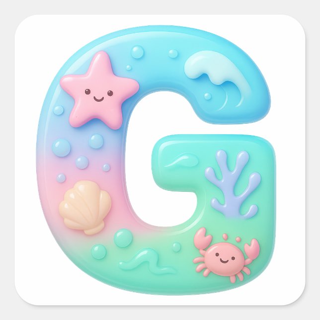 "G" Cute Bubble Letter - Underwater Sea Creature Square Sticker (Front)