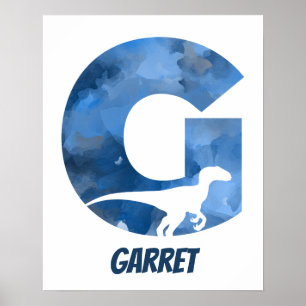 "G" Dinosaur Watercolor Blue Child's Name Poster