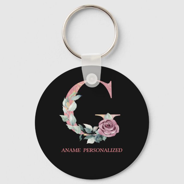 G Floral Monogram Name Letters Pink Agate Keychain (Front)