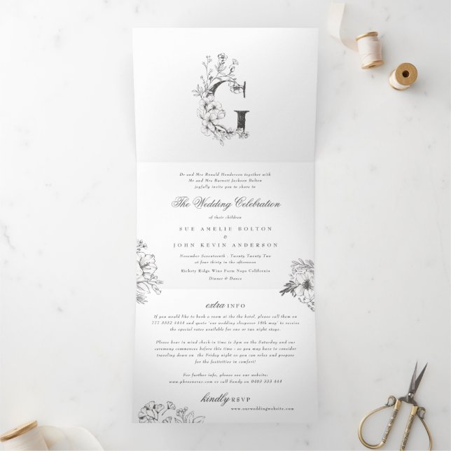 'G' Monogram Beautiful Sketched Floral Wedding Tri-Fold Invitation (Inside)