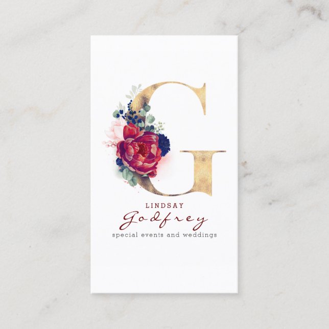 G Monogram Burgundy Gold and Navy Blue Floral Business Card (Front)