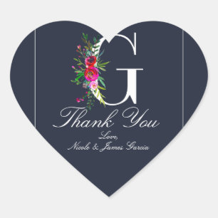G Monogram Last Initial Modern Blue Floral Wedding Heart Sticker