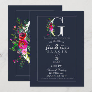 G Monogram Last Initial Modern Blue Floral Wedding Invitation