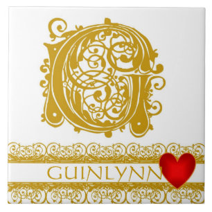 G Monogram Name Gold Lace Red Heart Template Tile