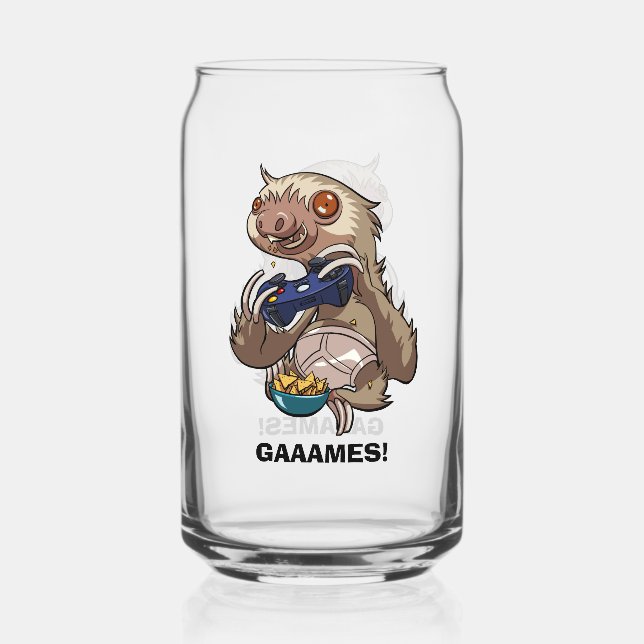 GAAAMES! Gamer Sloth Eating Nachos in Underpants Can Glass (Front)