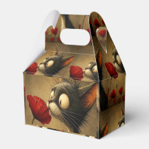 Gable Favour Box Black & White Cat Red Flower