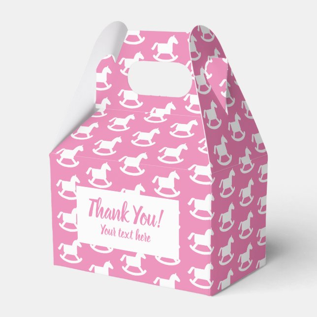 Gable style pink rocking horse baby shower favour box (Front Side)