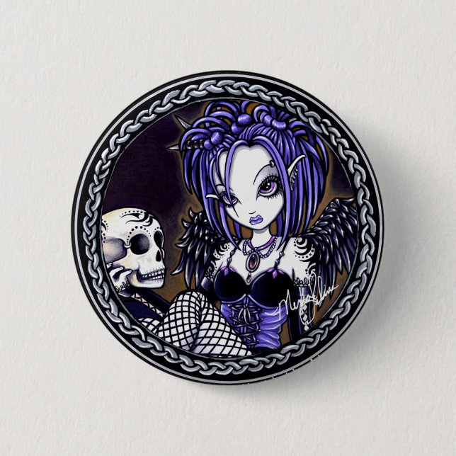 Gabriella Gothic Blue Skull Angel button (Front)