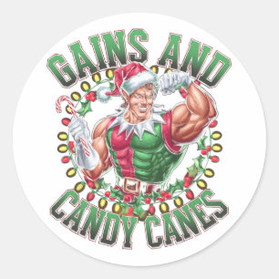 Gains And Candy Canes Funny Christmas Elf Gym Work Classic Round Sticker