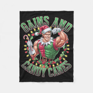 Gains And Candy Canes Funny Christmas Elf Gym Work Fleece Blanket