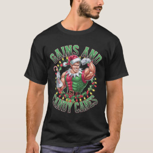 Gains And Candy Canes Funny Christmas Elf Gym Work T-Shirt