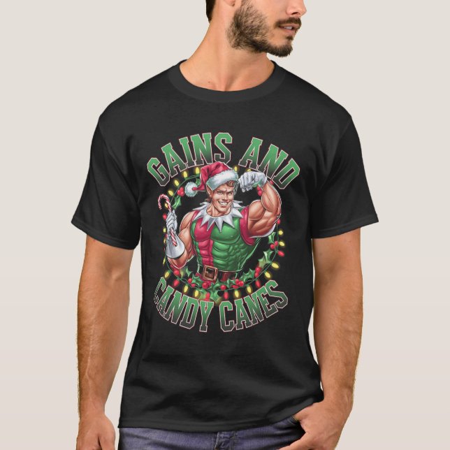Gains And Candy Canes Funny Christmas Elf Gym Work T-Shirt (Front)