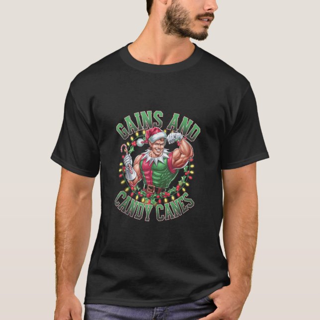 Gains and Candy Canes Funny Christmas Elf Gym Work T-Shirt (Front)
