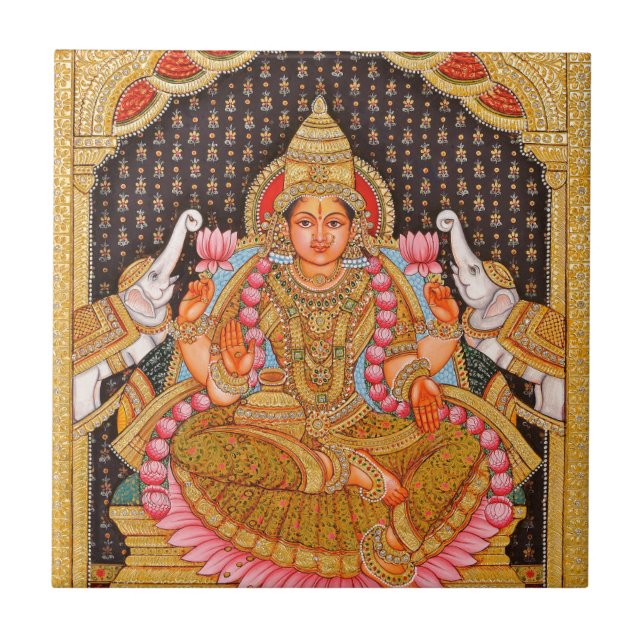 GAJA LAKSHMI INTRICATE TANJORE PAINTING {SOUTH IND CERAMIC TILE (Front)
