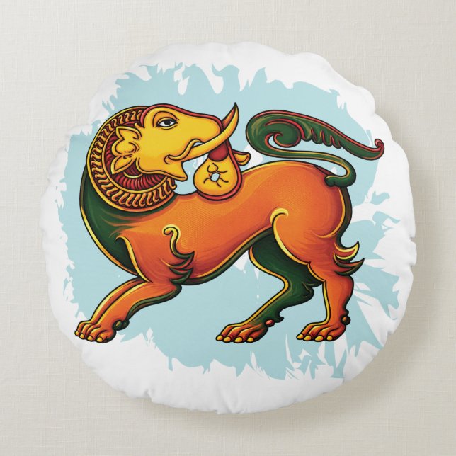 Gajasinha – Mythical Guardian of Strength Round Cushion (Front)