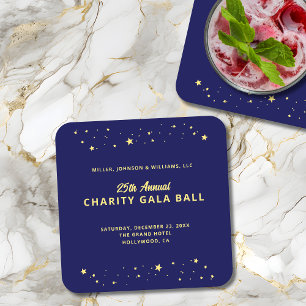 Gala Ball Silent Auction Elegant Blue Gold Stars Square Paper Coaster