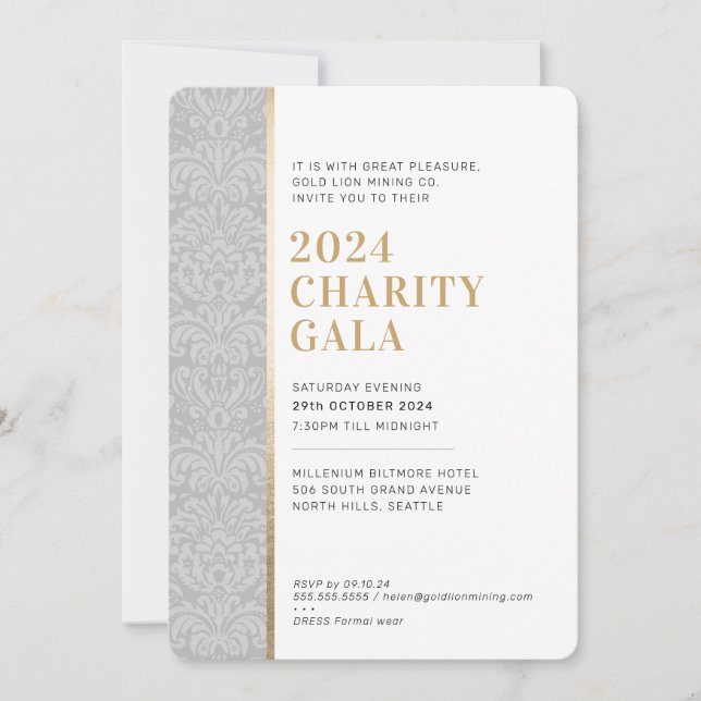 GALA BALL simple elegant damask grey gold  Invitation (Front)