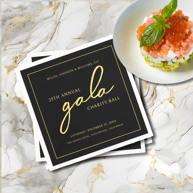 Gala Event Charity Fundraiser Elegant Black Gold Napkin (Gala Event Charity Fundraiser Elegant Black and Gold Cocktail Napkins with Company Name, Event Info.)