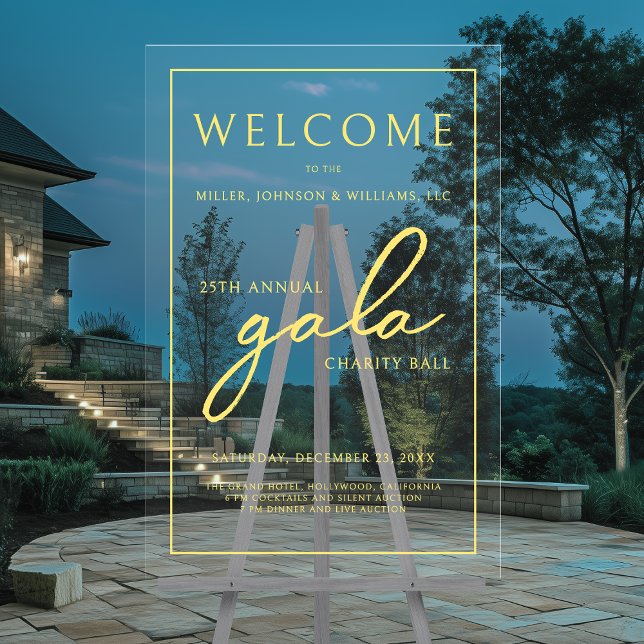 Gala Event Charity Fundraiser Gold Welcome Clear Acrylic Sign (Gala Event Charity Fundraiser Gold with Clear Acrylic Welcome Sign 24x36.)